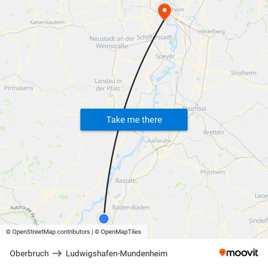 Oberbruch to Ludwigshafen-Mundenheim map