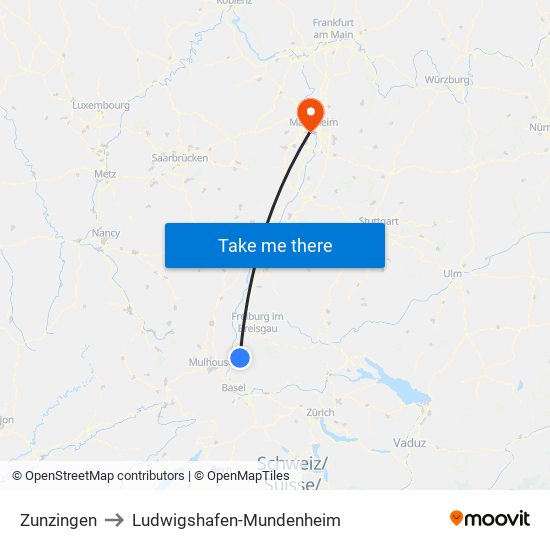Zunzingen to Ludwigshafen-Mundenheim map