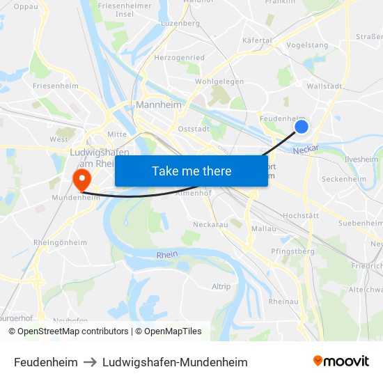 Feudenheim to Ludwigshafen-Mundenheim map