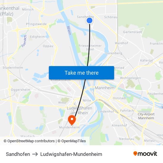 Sandhofen to Ludwigshafen-Mundenheim map