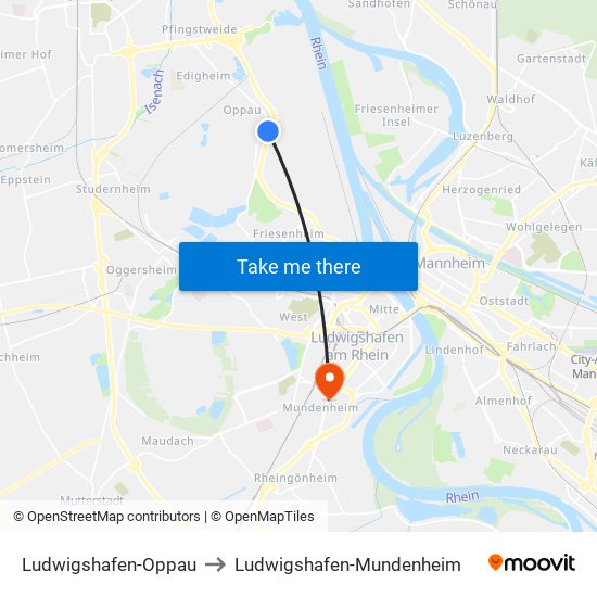 Ludwigshafen-Oppau to Ludwigshafen-Mundenheim map