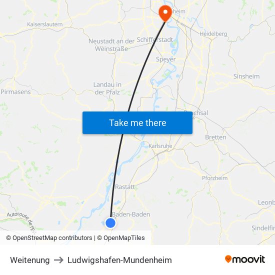 Weitenung to Ludwigshafen-Mundenheim map