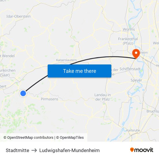 Stadtmitte to Ludwigshafen-Mundenheim map