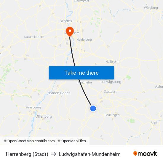 Herrenberg (Stadt) to Ludwigshafen-Mundenheim map