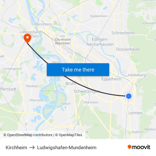 Kirchheim to Ludwigshafen-Mundenheim map