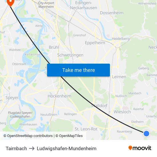 Tairnbach to Ludwigshafen-Mundenheim map