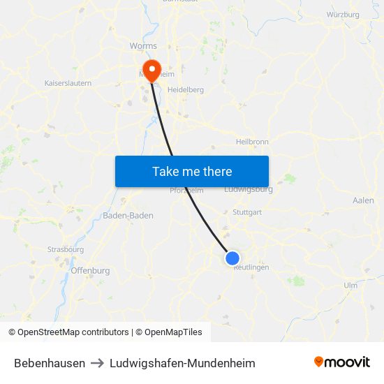 Bebenhausen to Ludwigshafen-Mundenheim map