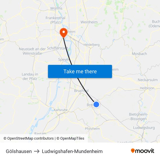 Gölshausen to Ludwigshafen-Mundenheim map