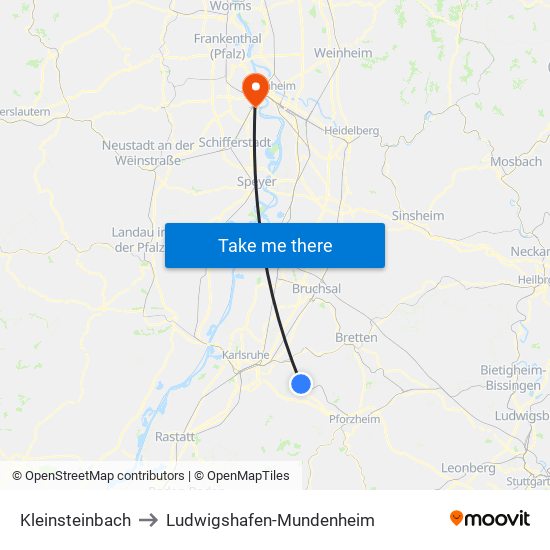 Kleinsteinbach to Ludwigshafen-Mundenheim map