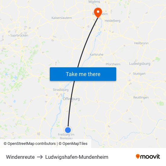 Windenreute to Ludwigshafen-Mundenheim map