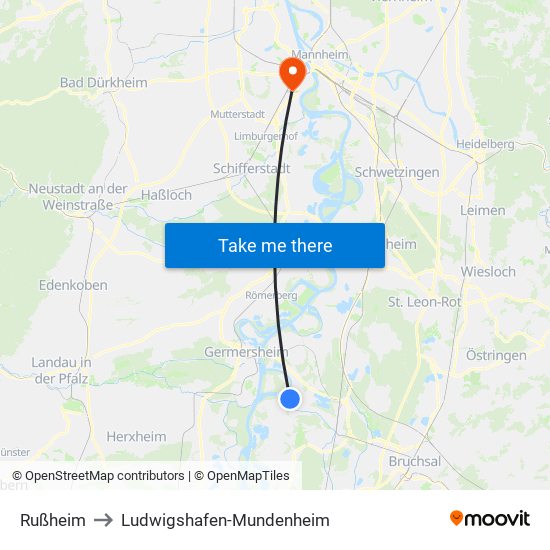 Rußheim to Ludwigshafen-Mundenheim map