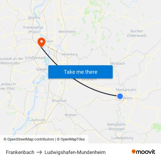 Frankenbach to Ludwigshafen-Mundenheim map