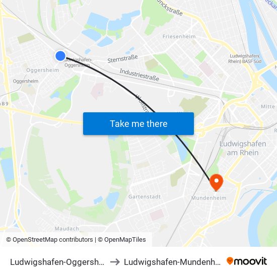 Ludwigshafen-Oggersheim to Ludwigshafen-Mundenheim map