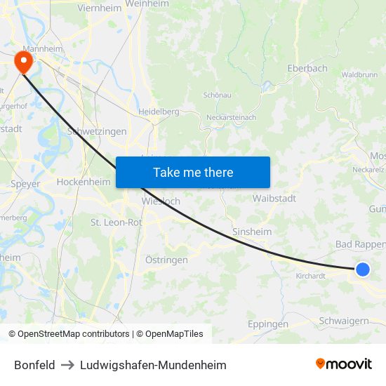 Bonfeld to Ludwigshafen-Mundenheim map