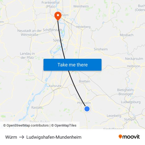 Würm to Ludwigshafen-Mundenheim map