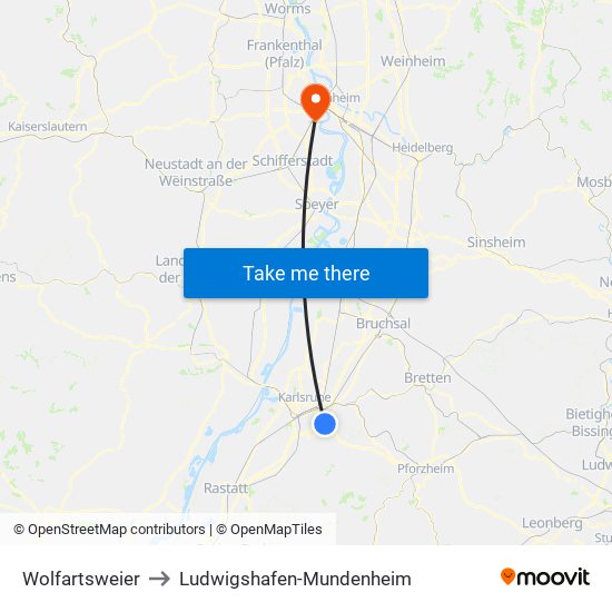 Wolfartsweier to Ludwigshafen-Mundenheim map