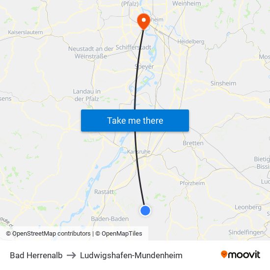 Bad Herrenalb to Ludwigshafen-Mundenheim map