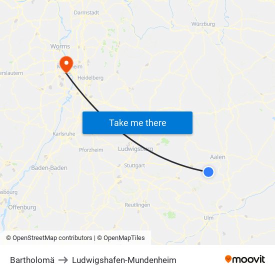 Bartholomä to Ludwigshafen-Mundenheim map