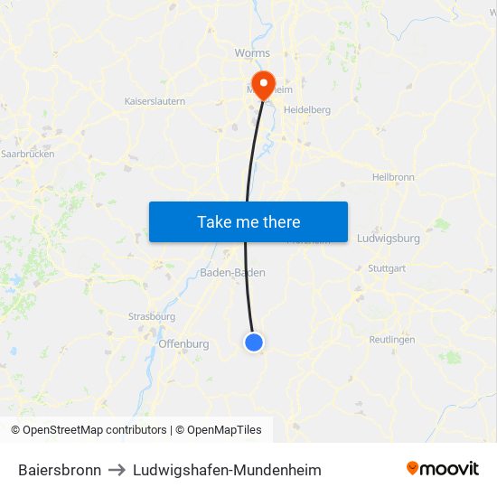 Baiersbronn to Ludwigshafen-Mundenheim map