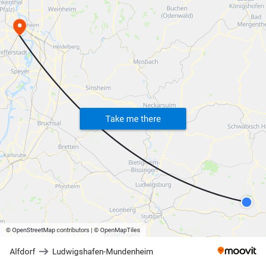 Alfdorf to Ludwigshafen-Mundenheim map