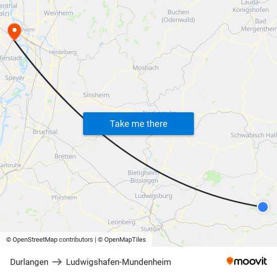 Durlangen to Ludwigshafen-Mundenheim map