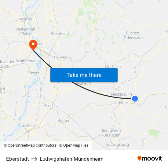 Eberstadt to Ludwigshafen-Mundenheim map