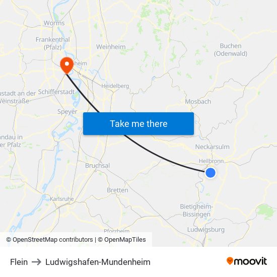 Flein to Ludwigshafen-Mundenheim map