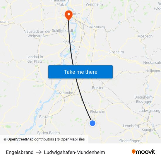 Engelsbrand to Ludwigshafen-Mundenheim map