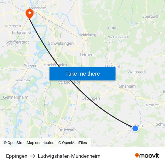 Eppingen to Ludwigshafen-Mundenheim map