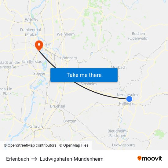 Erlenbach to Ludwigshafen-Mundenheim map