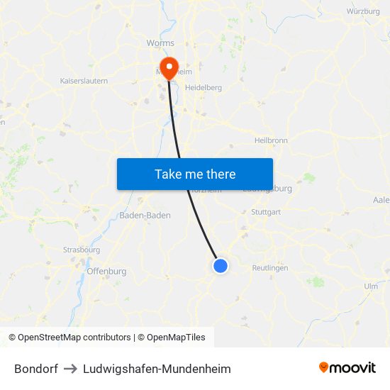 Bondorf to Ludwigshafen-Mundenheim map