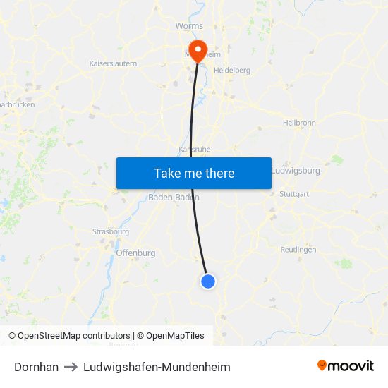 Dornhan to Ludwigshafen-Mundenheim map