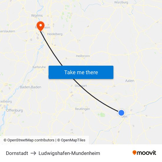 Dornstadt to Ludwigshafen-Mundenheim map