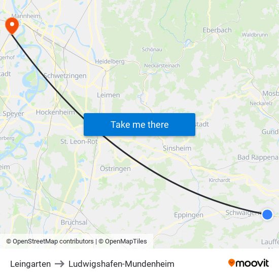 Leingarten to Ludwigshafen-Mundenheim map