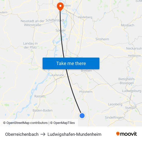 Oberreichenbach to Ludwigshafen-Mundenheim map