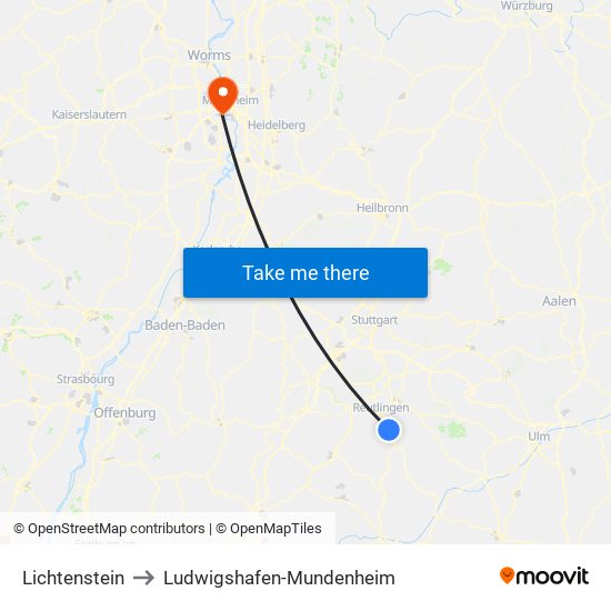 Lichtenstein to Ludwigshafen-Mundenheim map
