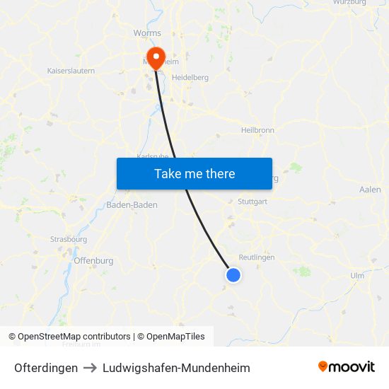 Ofterdingen to Ludwigshafen-Mundenheim map