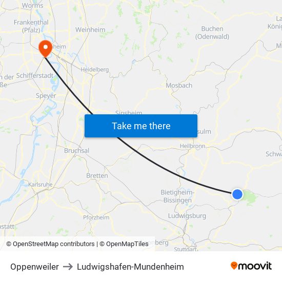 Oppenweiler to Ludwigshafen-Mundenheim map