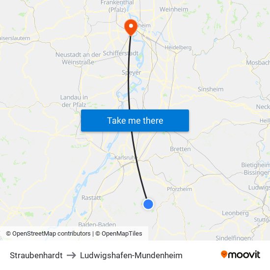 Straubenhardt to Ludwigshafen-Mundenheim map