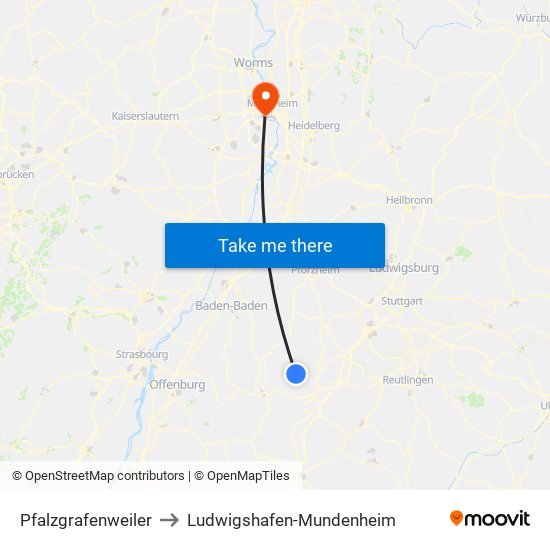 Pfalzgrafenweiler to Ludwigshafen-Mundenheim map