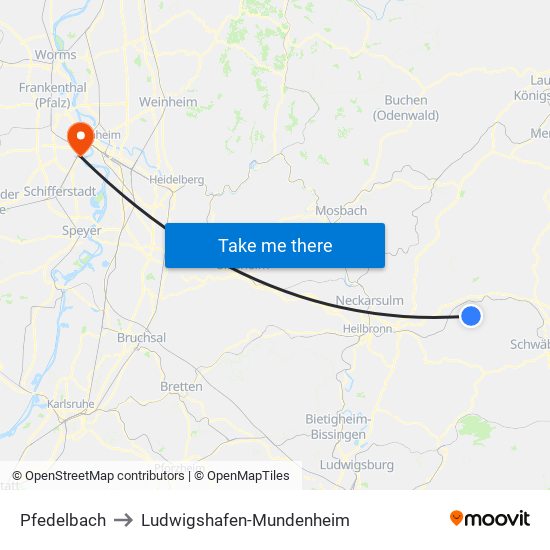 Pfedelbach to Ludwigshafen-Mundenheim map