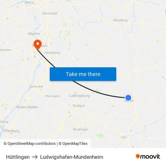 Hüttlingen to Ludwigshafen-Mundenheim map