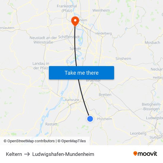 Keltern to Ludwigshafen-Mundenheim map