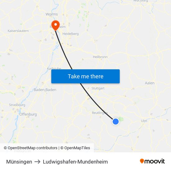 Münsingen to Ludwigshafen-Mundenheim map