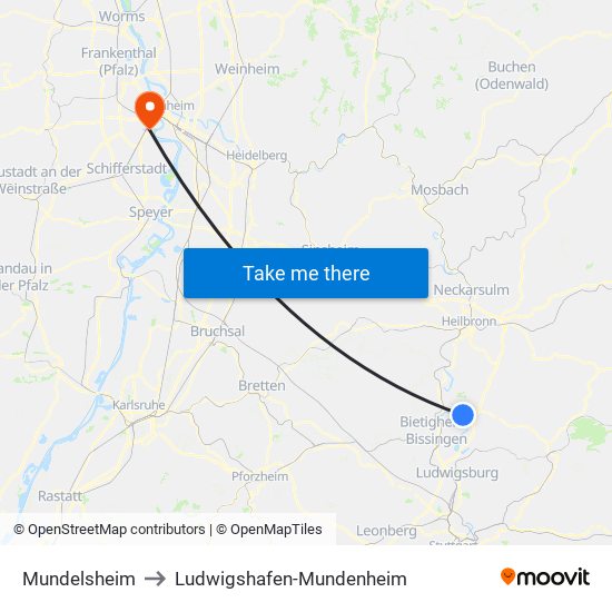 Mundelsheim to Ludwigshafen-Mundenheim map