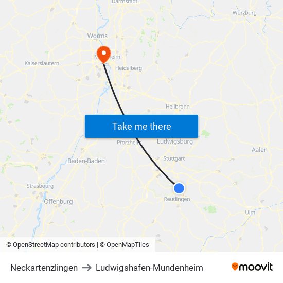 Neckartenzlingen to Ludwigshafen-Mundenheim map