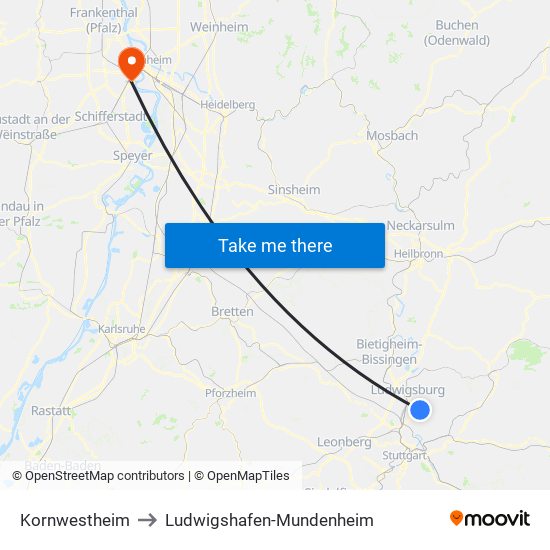 Kornwestheim to Ludwigshafen-Mundenheim map