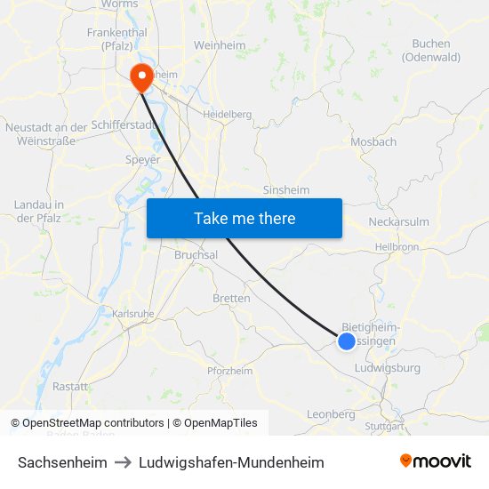 Sachsenheim to Ludwigshafen-Mundenheim map