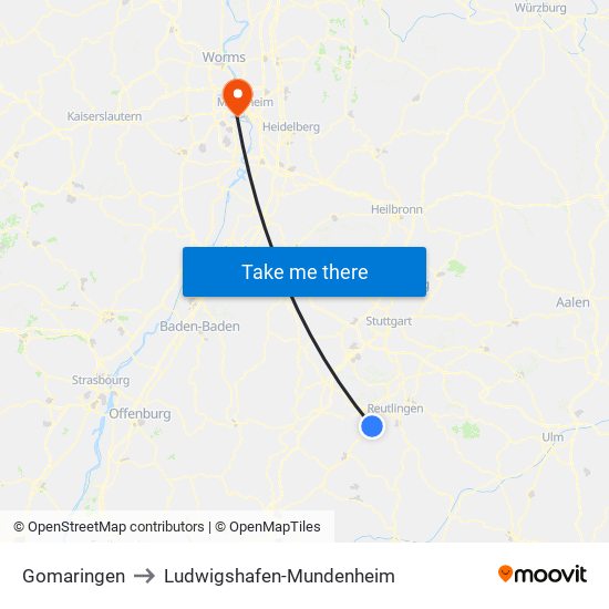 Gomaringen to Ludwigshafen-Mundenheim map