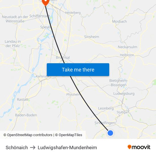 Schönaich to Ludwigshafen-Mundenheim map